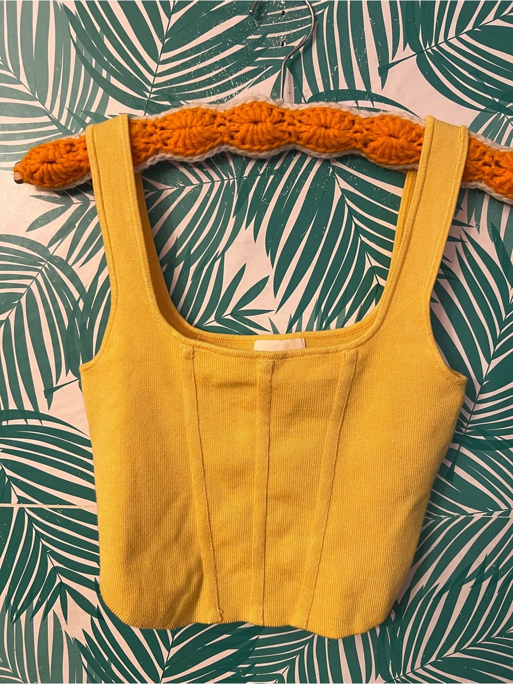 H&M Yellow Corset Ribbed Square-Neck Crop Tank Top S